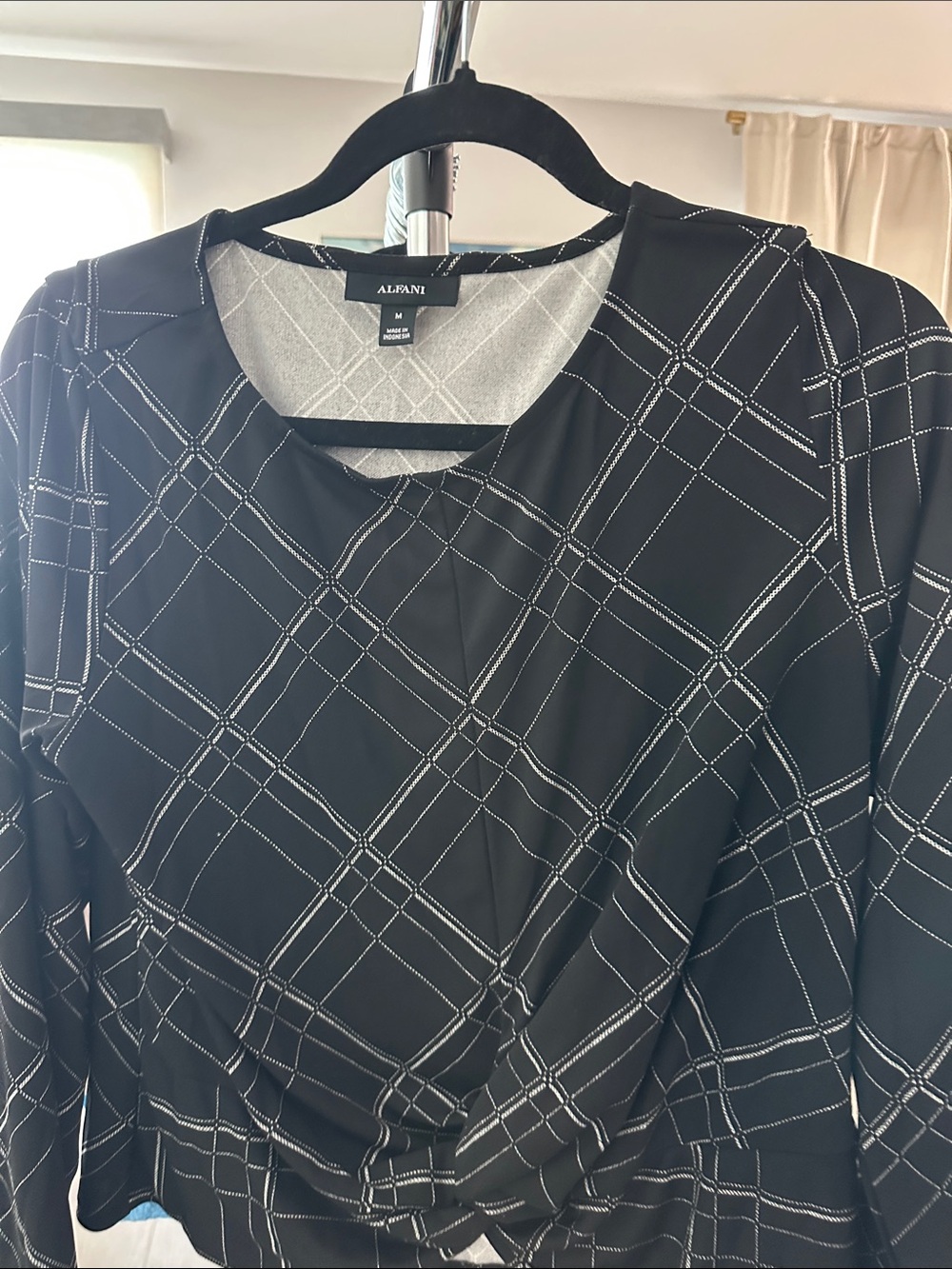 Alfani Black Plaid Long-Sleeve Twist-Front Top